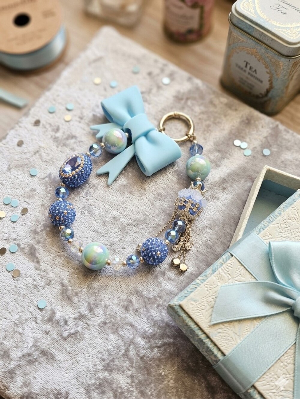 Handmade Lavender Bow & Beaded Phone charm /key Chain.